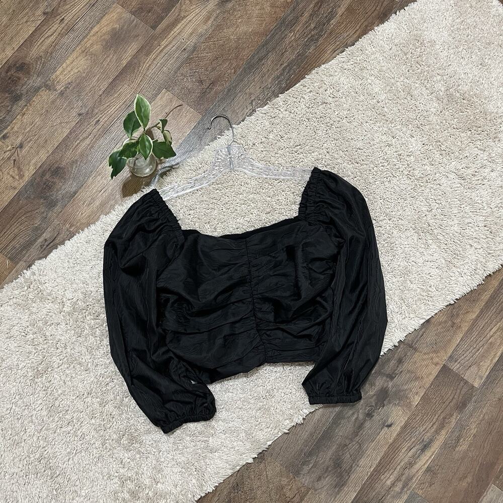 J.crew Size 4 Black On Off Shoulder Puff Sleeve Ruched Cropped Feminine Blouse